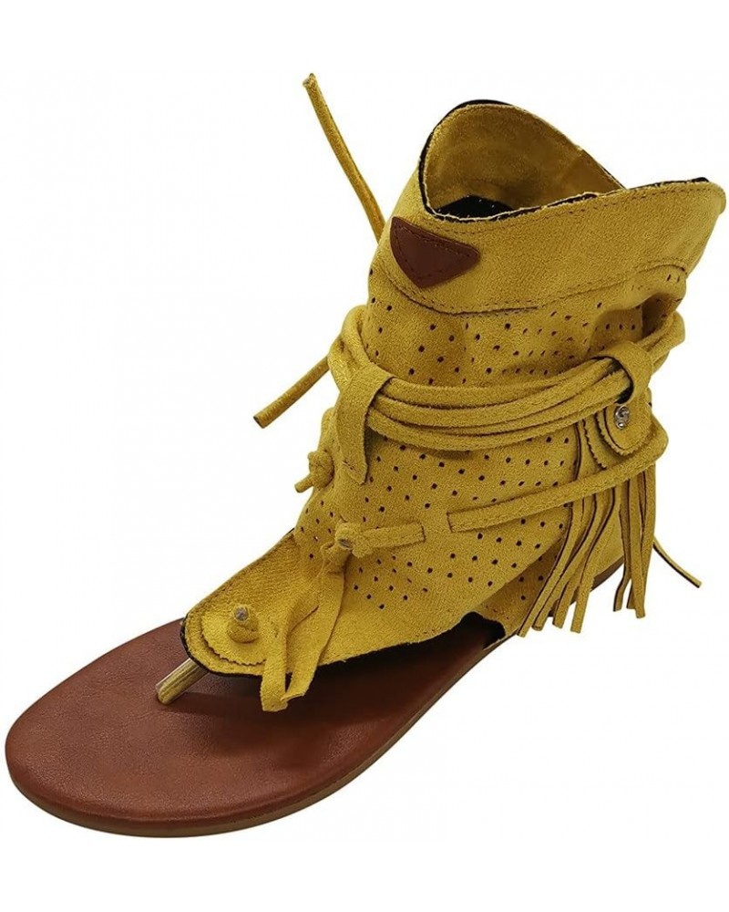 Women Girls Retro Bohemian Tassel Sandals Roman Beach Shoes Boots Sandals Women Flat Yellow $19.34 Sandals