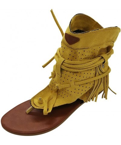 Women Girls Retro Bohemian Tassel Sandals Roman Beach Shoes Boots Sandals Women Flat Yellow $19.34 Sandals