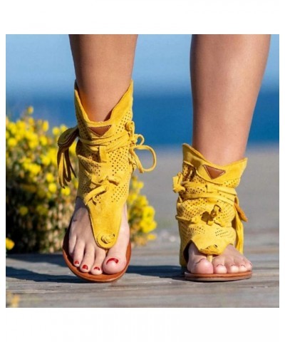 Women Girls Retro Bohemian Tassel Sandals Roman Beach Shoes Boots Sandals Women Flat Yellow $19.34 Sandals