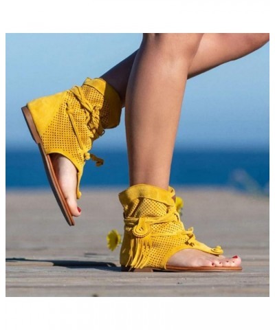 Women Girls Retro Bohemian Tassel Sandals Roman Beach Shoes Boots Sandals Women Flat Yellow $19.34 Sandals