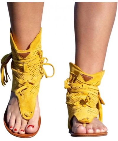 Women Girls Retro Bohemian Tassel Sandals Roman Beach Shoes Boots Sandals Women Flat Yellow $19.34 Sandals