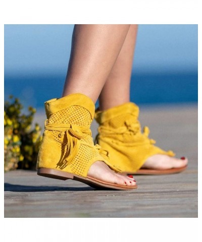 Women Girls Retro Bohemian Tassel Sandals Roman Beach Shoes Boots Sandals Women Flat Yellow $19.34 Sandals