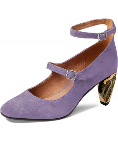 Women Versatile Closed Toe Suede Dress Pumps with Buckled Ankle Strap Unique Block Mid Heel Elegant Shoes Size 4-15 US Purple...