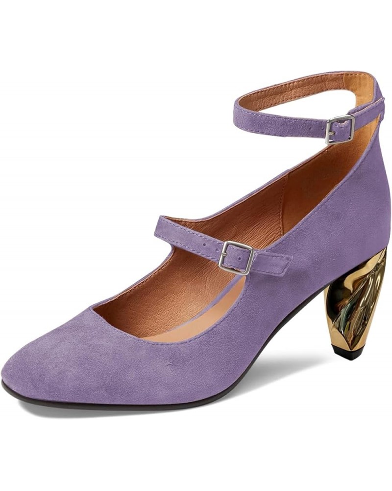 Women Versatile Closed Toe Suede Dress Pumps with Buckled Ankle Strap Unique Block Mid Heel Elegant Shoes Size 4-15 US Purple...