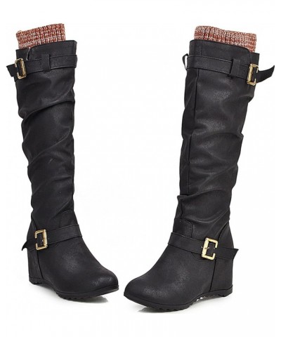 Women Classic Equestrian Slouch Knee High Boots Wedge Black 2 $31.89 Boots