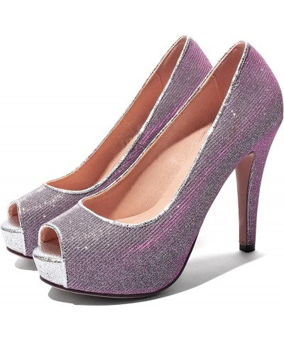 Women Stiletto Pumps, High Heel Pumps Round Toe Slip On Evening Shoes with Platform Sequins Elegant, Size 3.5-10 Purple-3 $27...