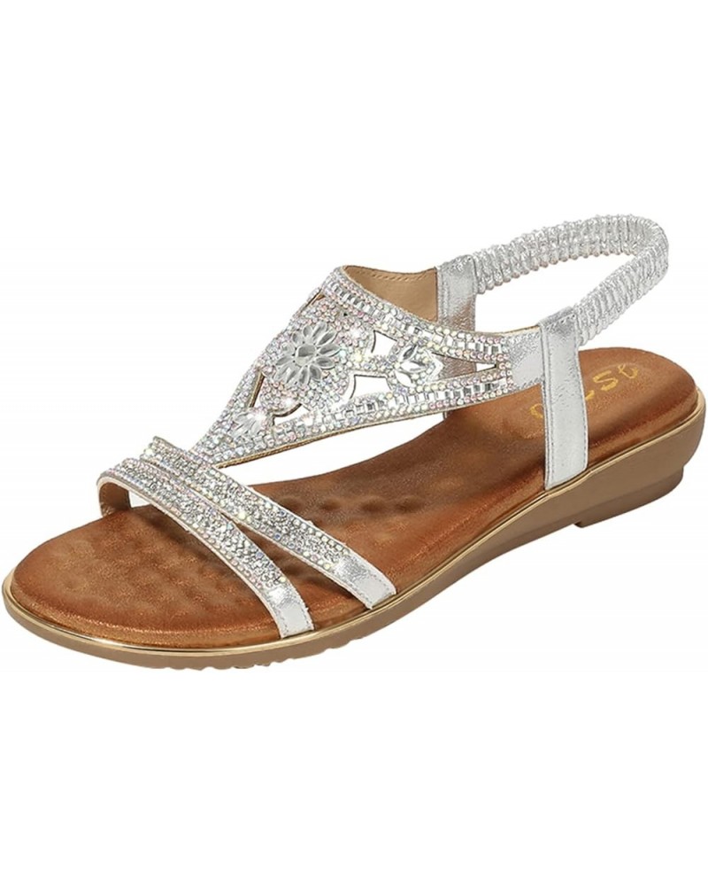 Sandals for Wedding, Women's Rhinestone Flat Sandals, Women Flip Flops with Clip Toe Ring Silver $20.24 Sandals