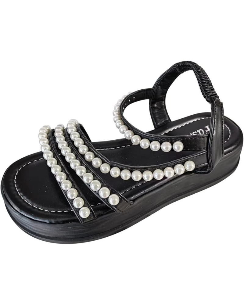 Beach Sandals for Women Ladies Fashion Summer Solid Leather Pearl Decorative Elastic Belt Thick Sole Sandals (Black, 8) 7.5 B...