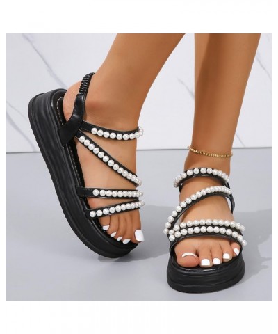 Beach Sandals for Women Ladies Fashion Summer Solid Leather Pearl Decorative Elastic Belt Thick Sole Sandals (Black, 8) 7.5 B...