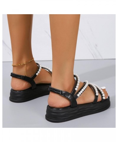 Beach Sandals for Women Ladies Fashion Summer Solid Leather Pearl Decorative Elastic Belt Thick Sole Sandals (Black, 8) 7.5 B...