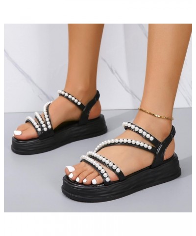 Beach Sandals for Women Ladies Fashion Summer Solid Leather Pearl Decorative Elastic Belt Thick Sole Sandals (Black, 8) 7.5 B...