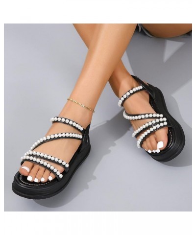 Beach Sandals for Women Ladies Fashion Summer Solid Leather Pearl Decorative Elastic Belt Thick Sole Sandals (Black, 8) 7.5 B...