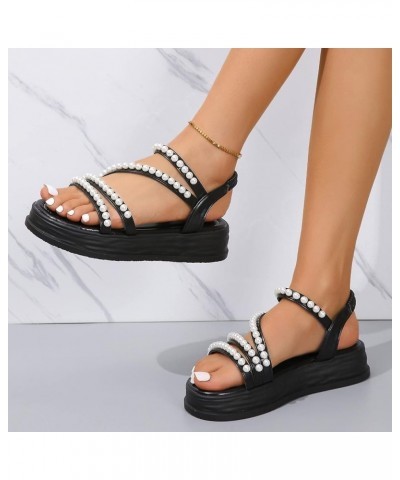 Beach Sandals for Women Ladies Fashion Summer Solid Leather Pearl Decorative Elastic Belt Thick Sole Sandals (Black, 8) 7.5 B...