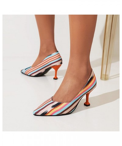 Women Slip On Strange Style Mid Heel Shallow Pointed Toe Pumps Rainbow $21.69 Pumps