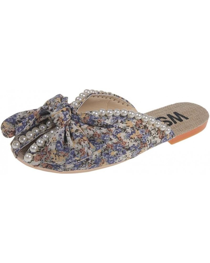 Female Outer Small Broken Flower Package Head Bow Pearl Flat Bottom Half Slippers Blue $21.41 Loafers & Slip-Ons