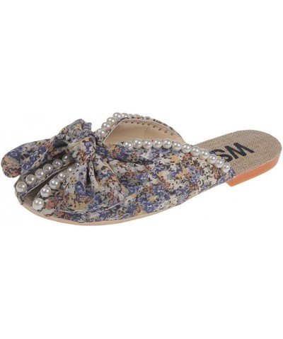 Female Outer Small Broken Flower Package Head Bow Pearl Flat Bottom Half Slippers Blue $21.41 Loafers & Slip-Ons