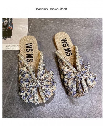 Female Outer Small Broken Flower Package Head Bow Pearl Flat Bottom Half Slippers Blue $21.41 Loafers & Slip-Ons