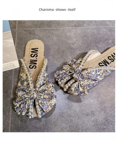 Female Outer Small Broken Flower Package Head Bow Pearl Flat Bottom Half Slippers Blue $21.41 Loafers & Slip-Ons