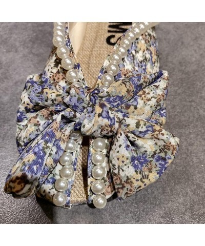 Female Outer Small Broken Flower Package Head Bow Pearl Flat Bottom Half Slippers Blue $21.41 Loafers & Slip-Ons