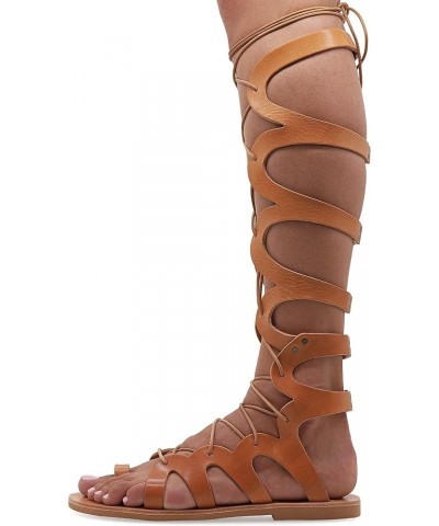 Emmanuela Ancient Greek Style Knee High Leather Sandals, Handmade Open Toe Flat Gladiator Sandals, Quality Tie up Strappy Sum...