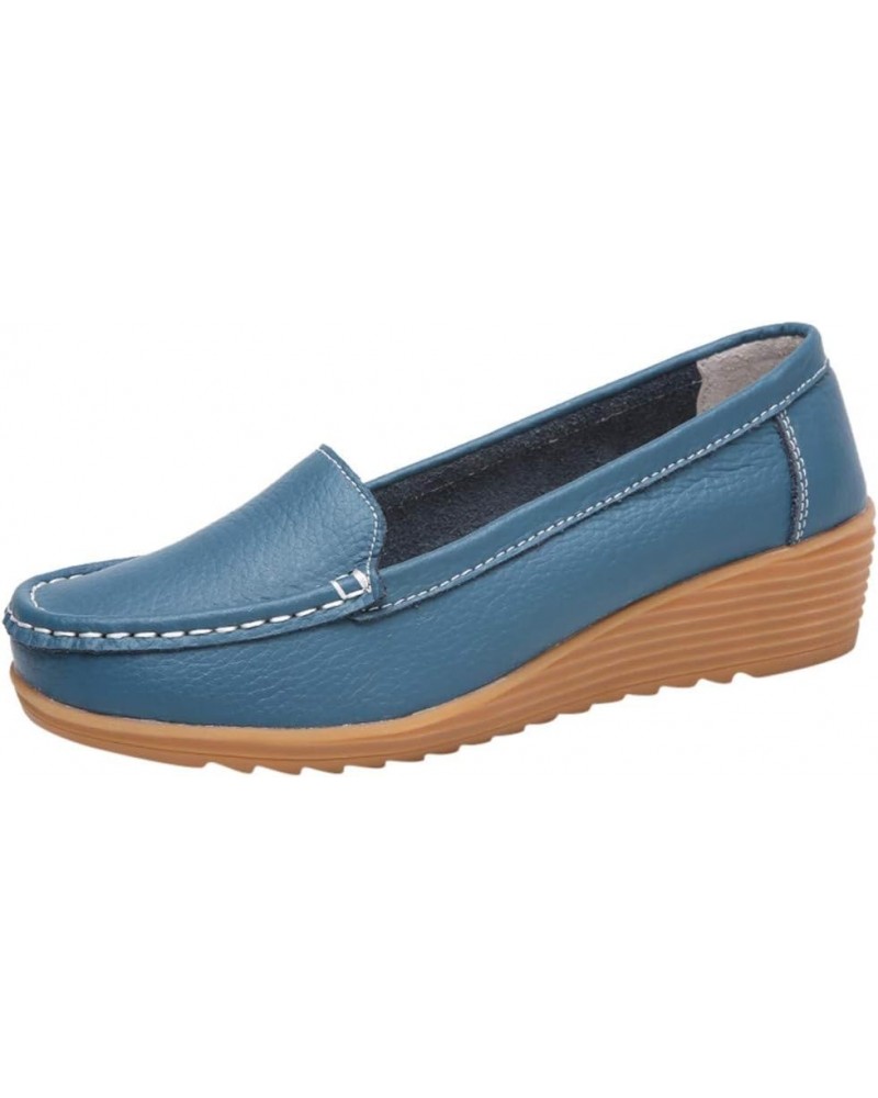 Women Wide Business Casual Work Shoes Non Slip Round Toe Fashion Classic Ladies Travel Slip On Loafers Light Blue $13.15 Loaf...