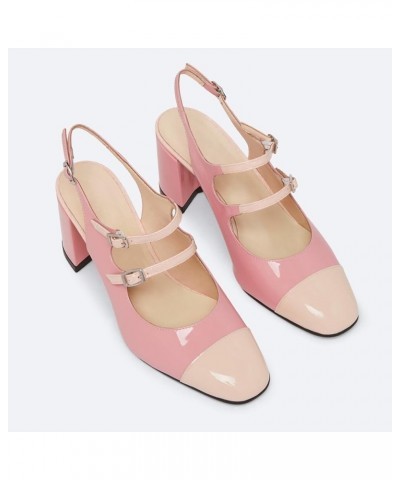 Women Slingback Mary Janes 2 Tone Round Toe Adjustable Strap Block Heels Pumps with Buckle Spring Shoes Pink $29.99 Pumps