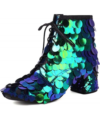 Women Zip Low Up Block Heel Big Fish Scale Sequins Ankle Boots Green $38.09 Boots