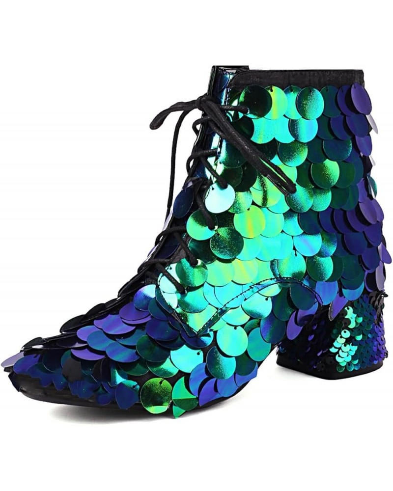 Women Zip Low Up Block Heel Big Fish Scale Sequins Ankle Boots Green $38.09 Boots