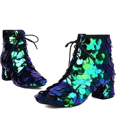 Women Zip Low Up Block Heel Big Fish Scale Sequins Ankle Boots Green $38.09 Boots