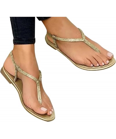 Women Thong Sandals Elastic Strap Comfortable Slip On Flat Rhinestone Flip Flops Casual Dressy Summer Beach Shoes C6-gold $10...