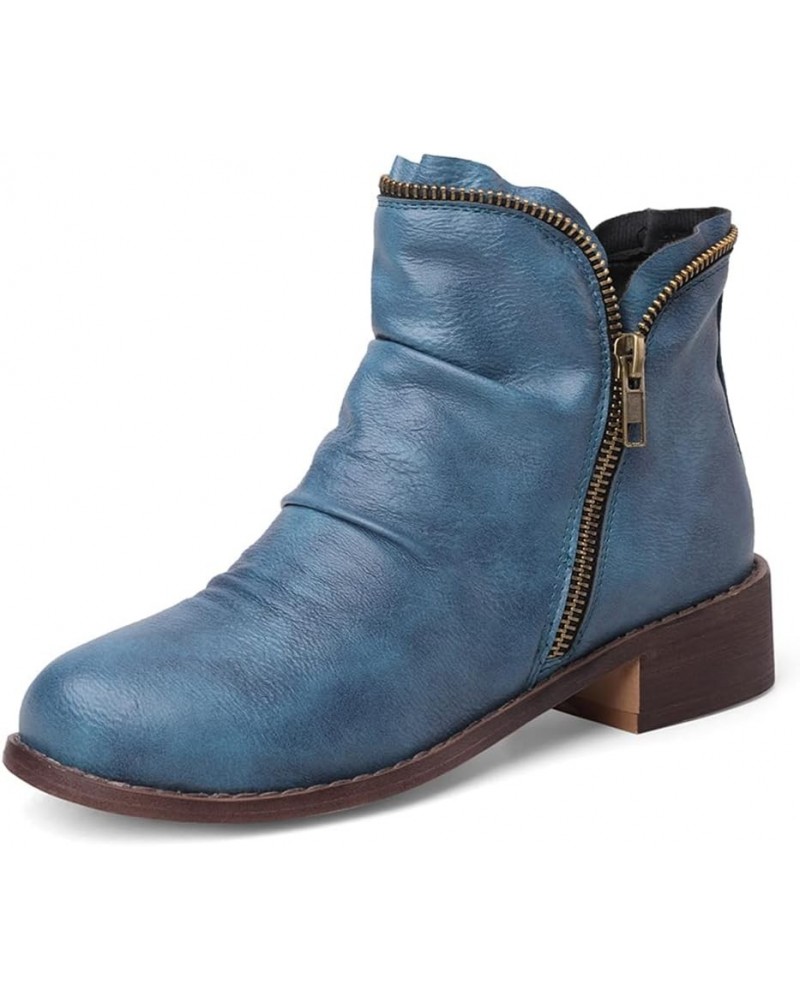 Women's Low Heel Slouch Ankle Boots Pleated Booties Side Zipper Round Toe Short Boots 101 Blue $28.49 Boots