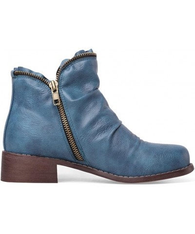 Women's Low Heel Slouch Ankle Boots Pleated Booties Side Zipper Round Toe Short Boots 101 Blue $28.49 Boots