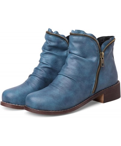 Women's Low Heel Slouch Ankle Boots Pleated Booties Side Zipper Round Toe Short Boots 101 Blue $28.49 Boots