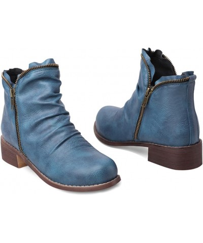 Women's Low Heel Slouch Ankle Boots Pleated Booties Side Zipper Round Toe Short Boots 101 Blue $28.49 Boots