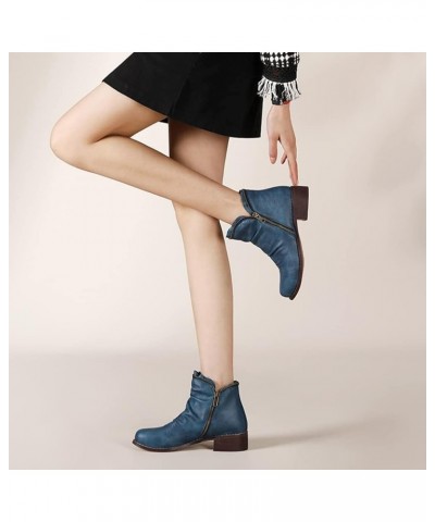 Women's Low Heel Slouch Ankle Boots Pleated Booties Side Zipper Round Toe Short Boots 101 Blue $28.49 Boots