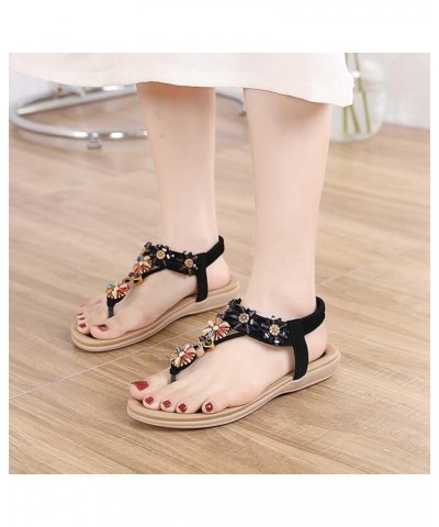 Summer Women Sandals Rhinestone Large Size Flower Embroidered Flat Sandal Holiday Beach Home Flats Shoes Vacation Z-889 Black...