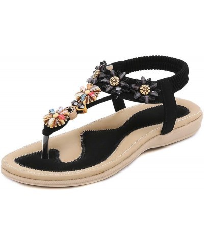 Summer Women Sandals Rhinestone Large Size Flower Embroidered Flat Sandal Holiday Beach Home Flats Shoes Vacation Z-889 Black...