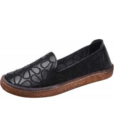 Ladies Fashion Solid Color Leather Embroidered Flower Shallow Round Head Flat Casual Shoes Womens Sandals Casual (Black, 6.5)...