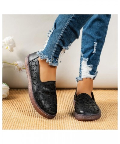 Ladies Fashion Solid Color Leather Embroidered Flower Shallow Round Head Flat Casual Shoes Womens Sandals Casual (Black, 6.5)...