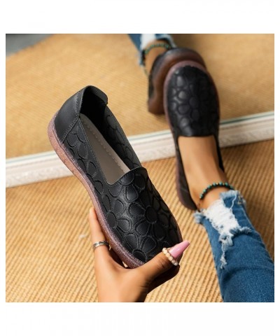 Ladies Fashion Solid Color Leather Embroidered Flower Shallow Round Head Flat Casual Shoes Womens Sandals Casual (Black, 6.5)...