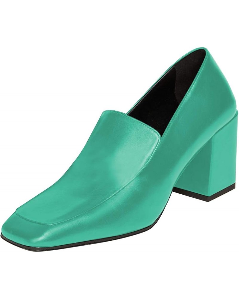 Women Office Ladies Block Heel Pumps Square Toe Loafers Slip On Leather Daily Walking Dress Shoes Turquoise $46.48 Pumps