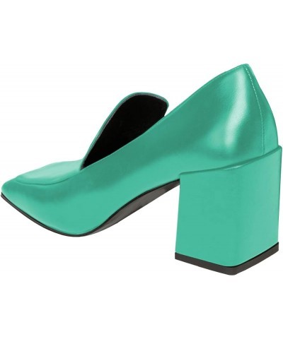 Women Office Ladies Block Heel Pumps Square Toe Loafers Slip On Leather Daily Walking Dress Shoes Turquoise $46.48 Pumps