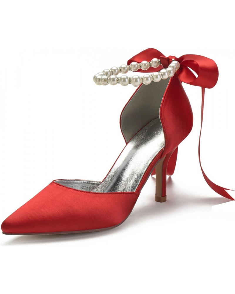 Women's Closed Toe Pearl Oppointed-Ankle Strap Dress Pumps D'Orsay Satin Bow Wedding Shoes,Red,6 $43.12 Pumps