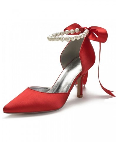 Women's Closed Toe Pearl Oppointed-Ankle Strap Dress Pumps D'Orsay Satin Bow Wedding Shoes,Red,6 $43.12 Pumps