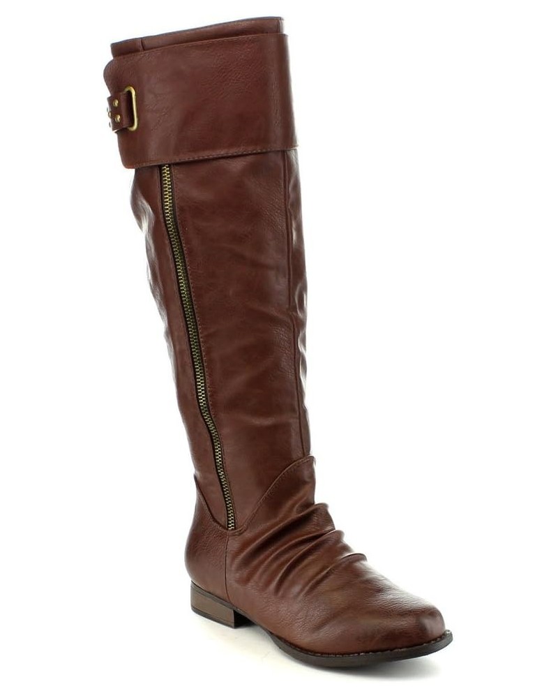 Womens Juno-8 Fashion Buckle Side Zip Stud Combat Riding Knee High Flat Boot Brown $15.06 Boots