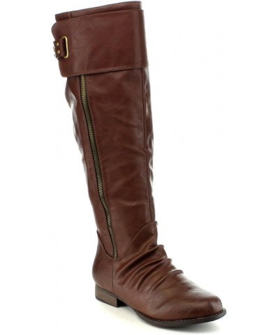 Womens Juno-8 Fashion Buckle Side Zip Stud Combat Riding Knee High Flat Boot Brown $15.06 Boots