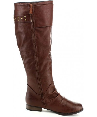 Womens Juno-8 Fashion Buckle Side Zip Stud Combat Riding Knee High Flat Boot Brown $15.06 Boots