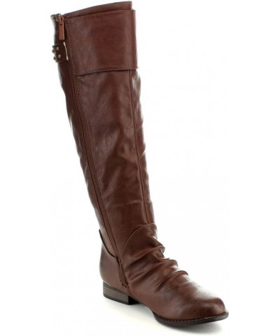 Womens Juno-8 Fashion Buckle Side Zip Stud Combat Riding Knee High Flat Boot Brown $15.06 Boots