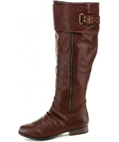 Womens Juno-8 Fashion Buckle Side Zip Stud Combat Riding Knee High Flat Boot Brown $15.06 Boots