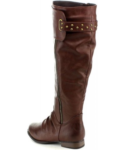 Womens Juno-8 Fashion Buckle Side Zip Stud Combat Riding Knee High Flat Boot Brown $15.06 Boots